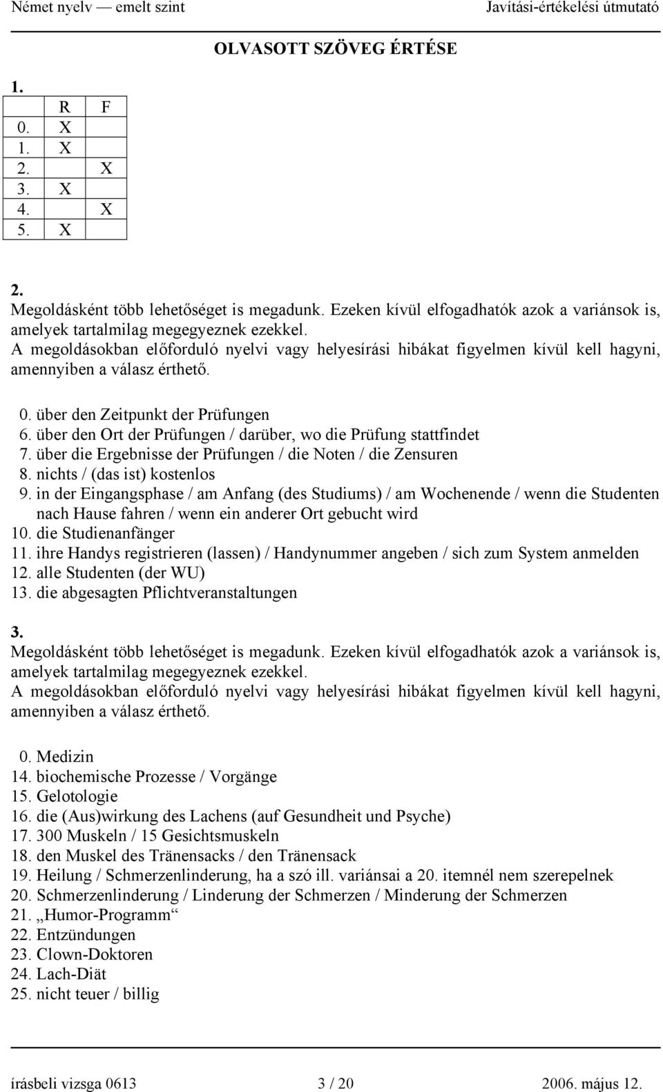 über den Ort der Prüfungen / darüber, wo die Prüfung stattfindet 7. über die Ergebnisse der Prüfungen / die Noten / die Zensuren 8. nichts / (das ist) kostenlos 9.