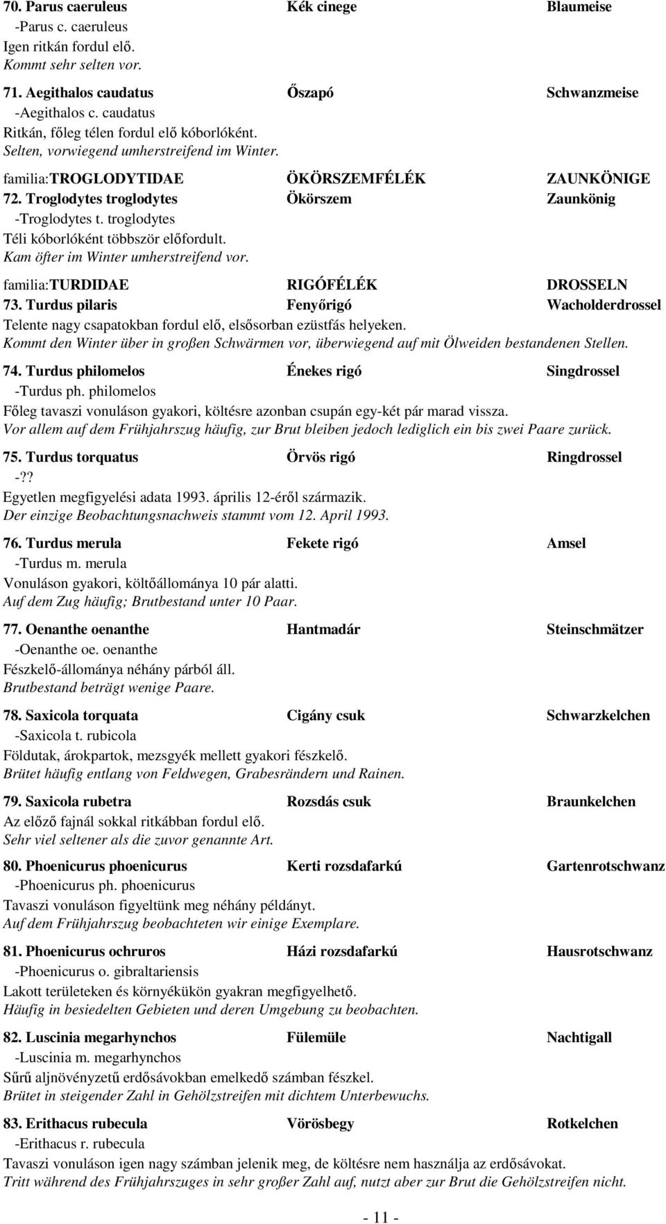 Troglodytes troglodytes Ökörszem Zaunkönig -Troglodytes t. troglodytes Téli kóborlóként többször előfordult. Kam öfter im Winter umherstreifend vor. familia:turdidae RIGÓFÉLÉK DROSSELN 73.