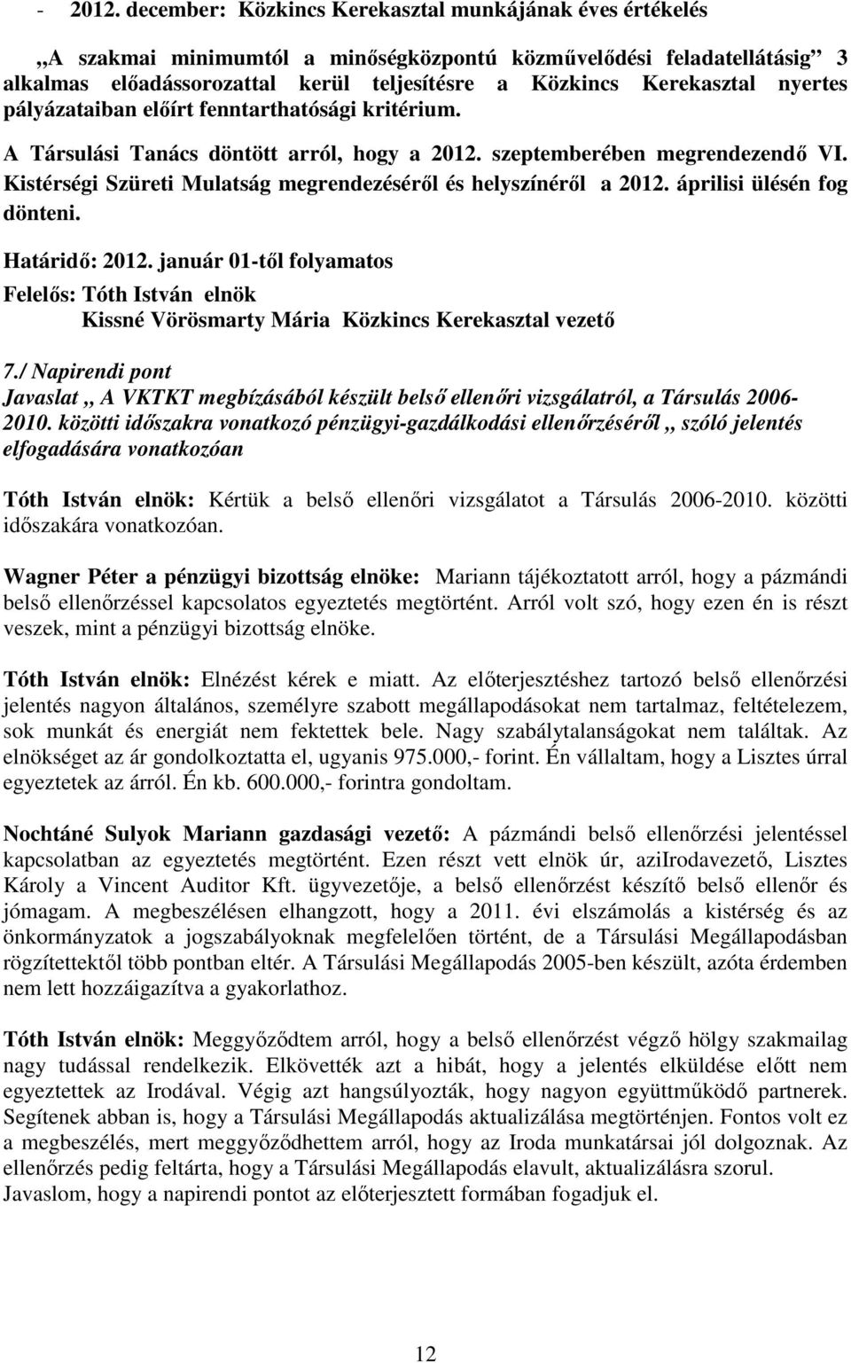 nyertes pályázataiban előírt fenntarthatósági kritérium. A Társulási Tanács döntött arról, hogy a 2012. szeptemberében megrendezendő VI.