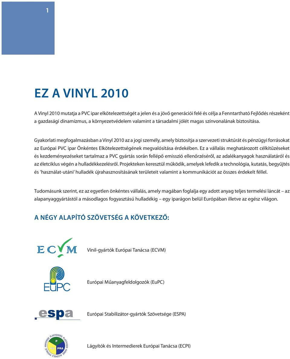 Gyakorlati megfogalmazásban a Vinyl 2010 az a jogi személy, amely biztosítja a szervezeti struktúrát és pénzügyi forrásokat az Európai PVC ipar Önkéntes Elkötelezettségének megvalósítása érdekében.