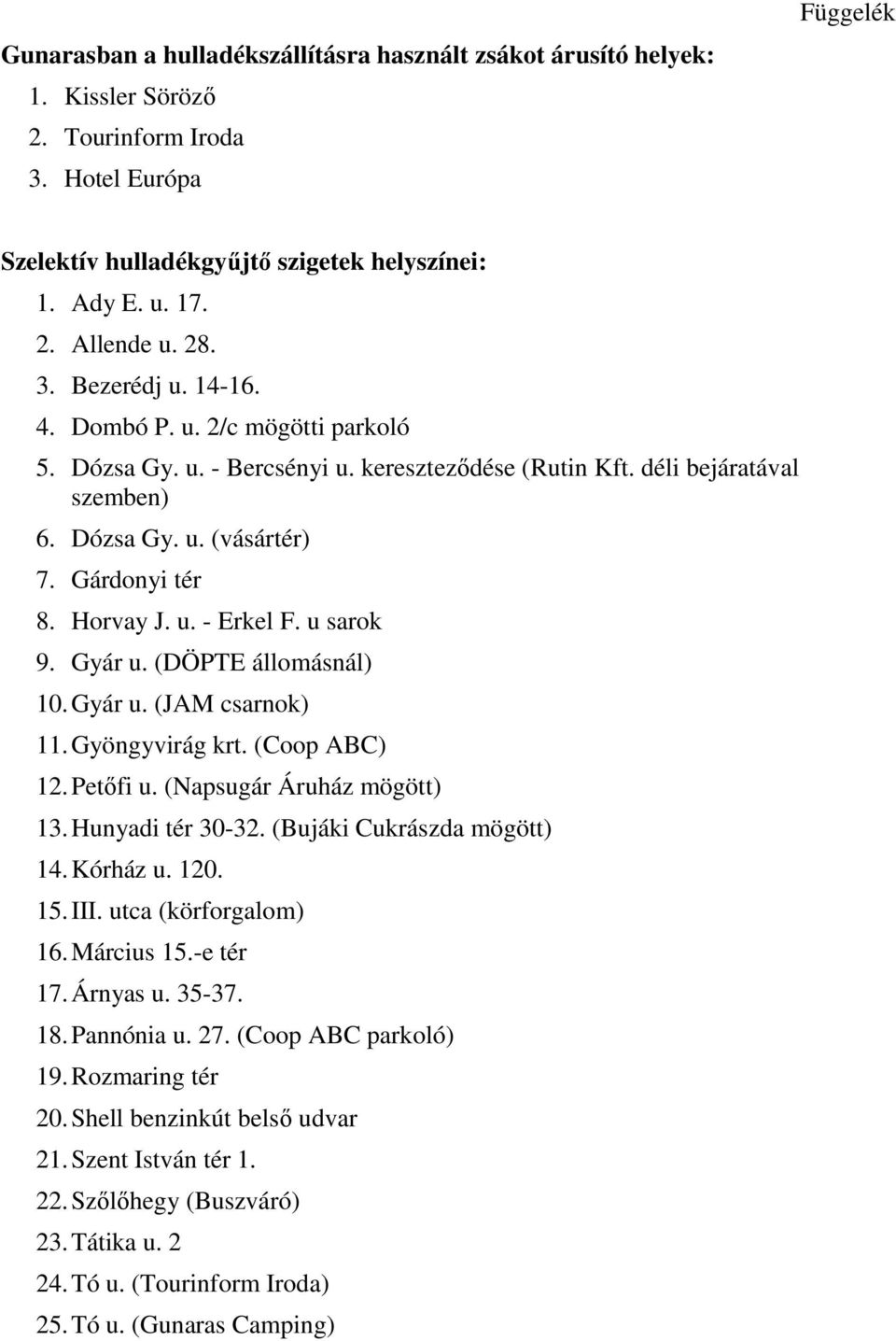 u. - Erkel F. u sarok 9. Gyár u. (DÖPTE állomásnál) 10. Gyár u. (JAM csarnok) 11. Gyöngyvirág krt. (Coop ABC) 12. Petőfi u. (Napsugár Áruház mögött) 13. Hunyadi tér 30-32.