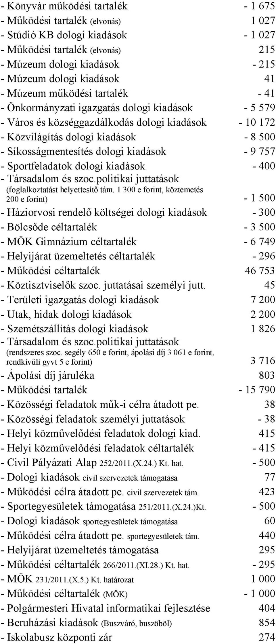 dologi kiadások - 9 757 - Sportfeladatok dologi kiadások - 400 - Társadalom és szoc.politikai juttatások (foglalkoztatást helyettesítő tám.