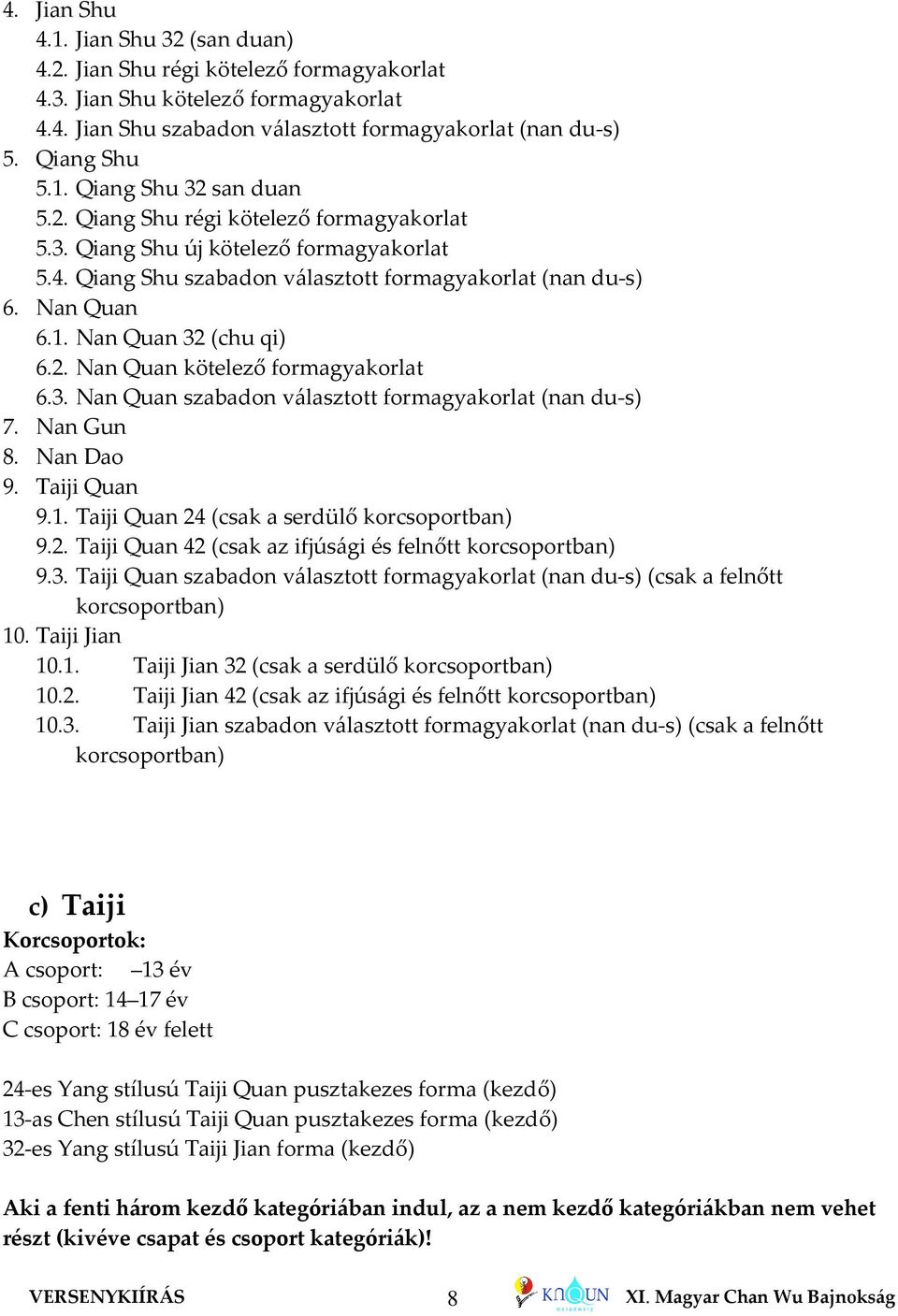 3. Nan Quan szabadon választott formagyakorlat (nan du-s) 7. Nan Gun 8. Nan Dao 9. Taiji Quan 9.1. Taiji Quan 24 (csak a serdülő korcsoportban) 9.2. Taiji Quan 42 (csak az ifjúsági és felnőtt korcsoportban) 9.