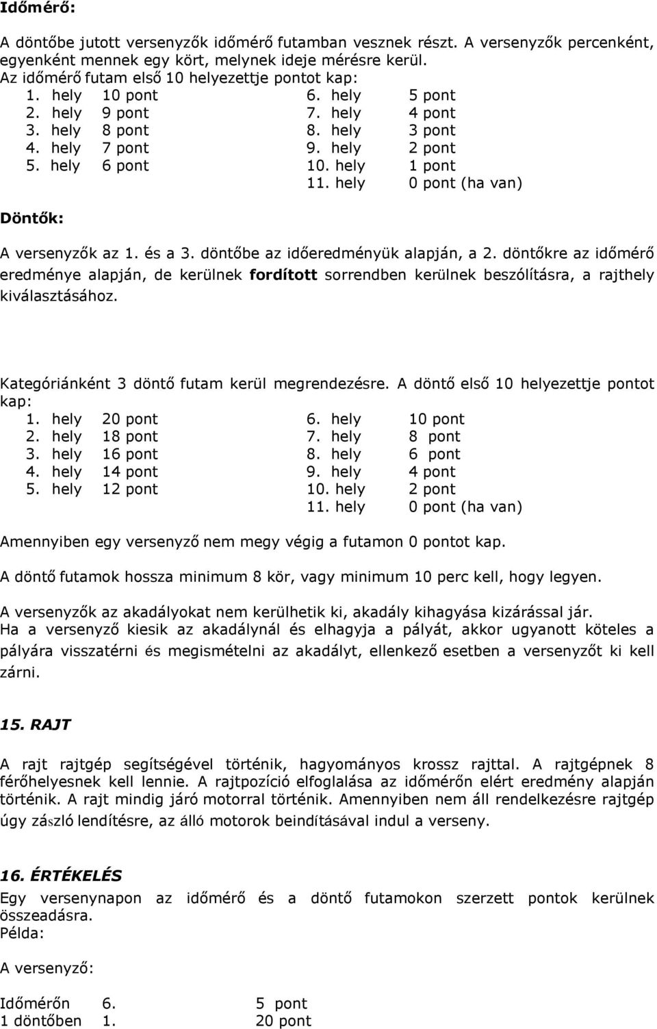 hely 1 pont 11. hely 0 pont (ha van) Döntők: A versenyzők az 1. és a 3. döntőbe az időeredményük alapján, a 2.