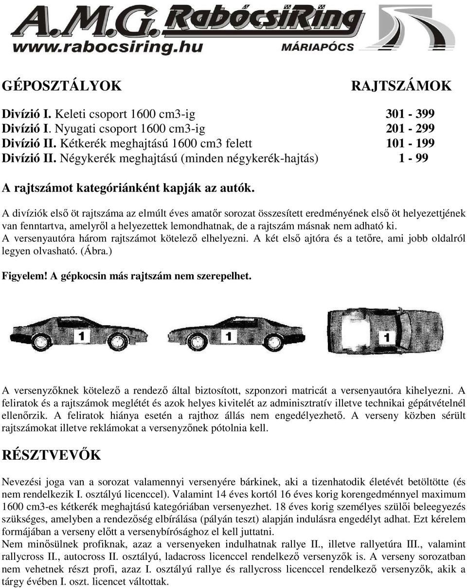 A divíziók első öt rajtszáma az elmúlt éves amatőr sorozat összesített eredményének első öt helyezettjének van fenntartva, amelyről a helyezettek lemondhatnak, de a rajtszám másnak nem adható ki.