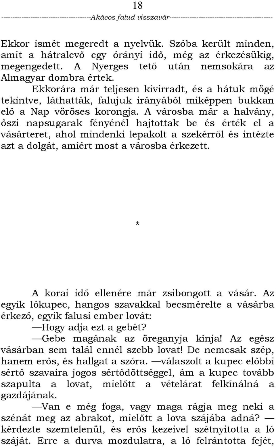 A városba már a halvány, ıszi napsugarak fényénél hajtottak be és érték el a vásárteret, ahol mindenki lepakolt a szekérrıl és intézte azt a dolgát, amiért most a városba érkezett.