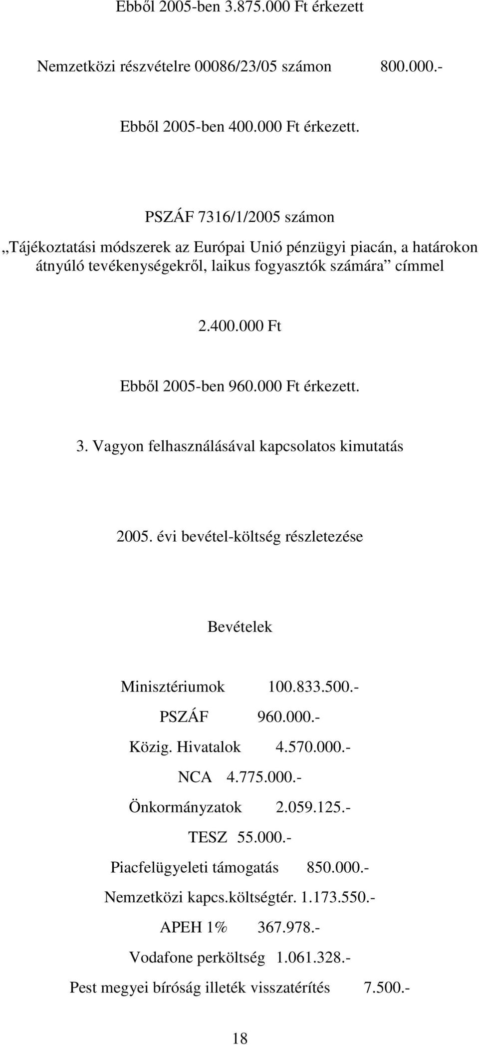 PSZÁF 7316/1/2005 számon Tájékoztatási módszerek az Európai Unió pénzügyi piacán, a határokon átnyúló tevékenységekrıl, laikus fogyasztók számára címmel 2.400.