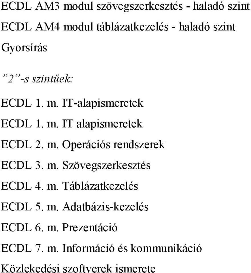 m. Szövegszerkesztés ECDL 4. m. Táblázatkezelés ECDL 5. m. Adatbázis-kezelés ECDL 6. m. Prezentáció ECDL 7.