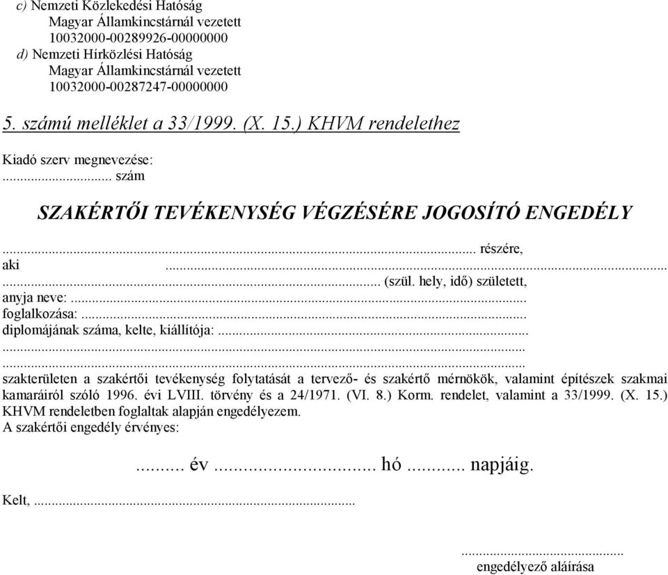 .. diplomájának száma, kelte, kiállítója:......... szakterületen a szakértői tevékenység folytatását a tervező- és szakértő mérnökök, valamint építészek szakmai kamaráiról szóló 1996.