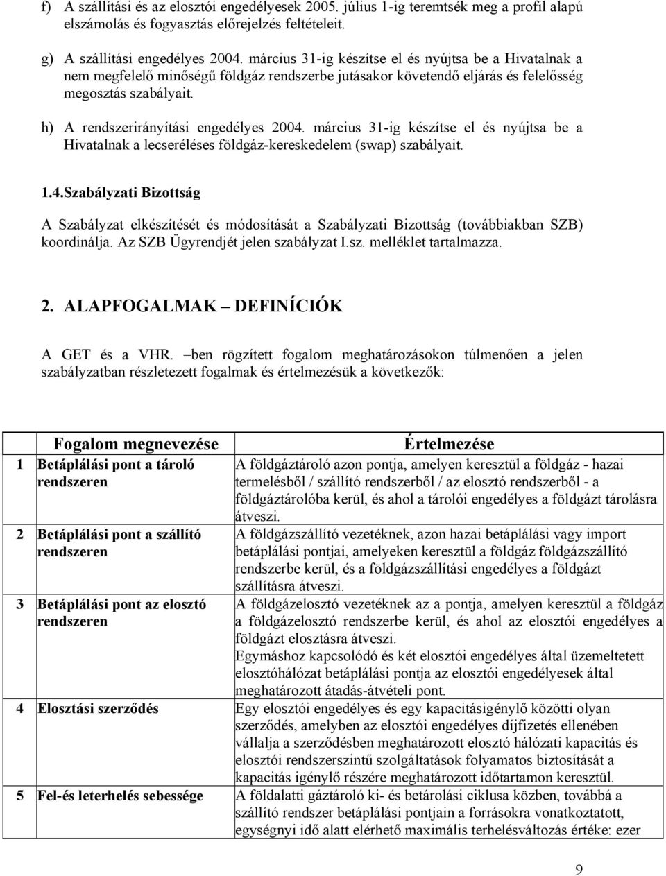 h) A rendszerirányítási engedélyes 2004. március 31-ig készítse el és nyújtsa be a Hivatalnak a lecseréléses földgáz-kereskedelem (swap) szabályait. 1.4.Szabályzati Bizottság A Szabályzat elkészítését és módosítását a Szabályzati Bizottság (továbbiakban SZB) koordinálja.