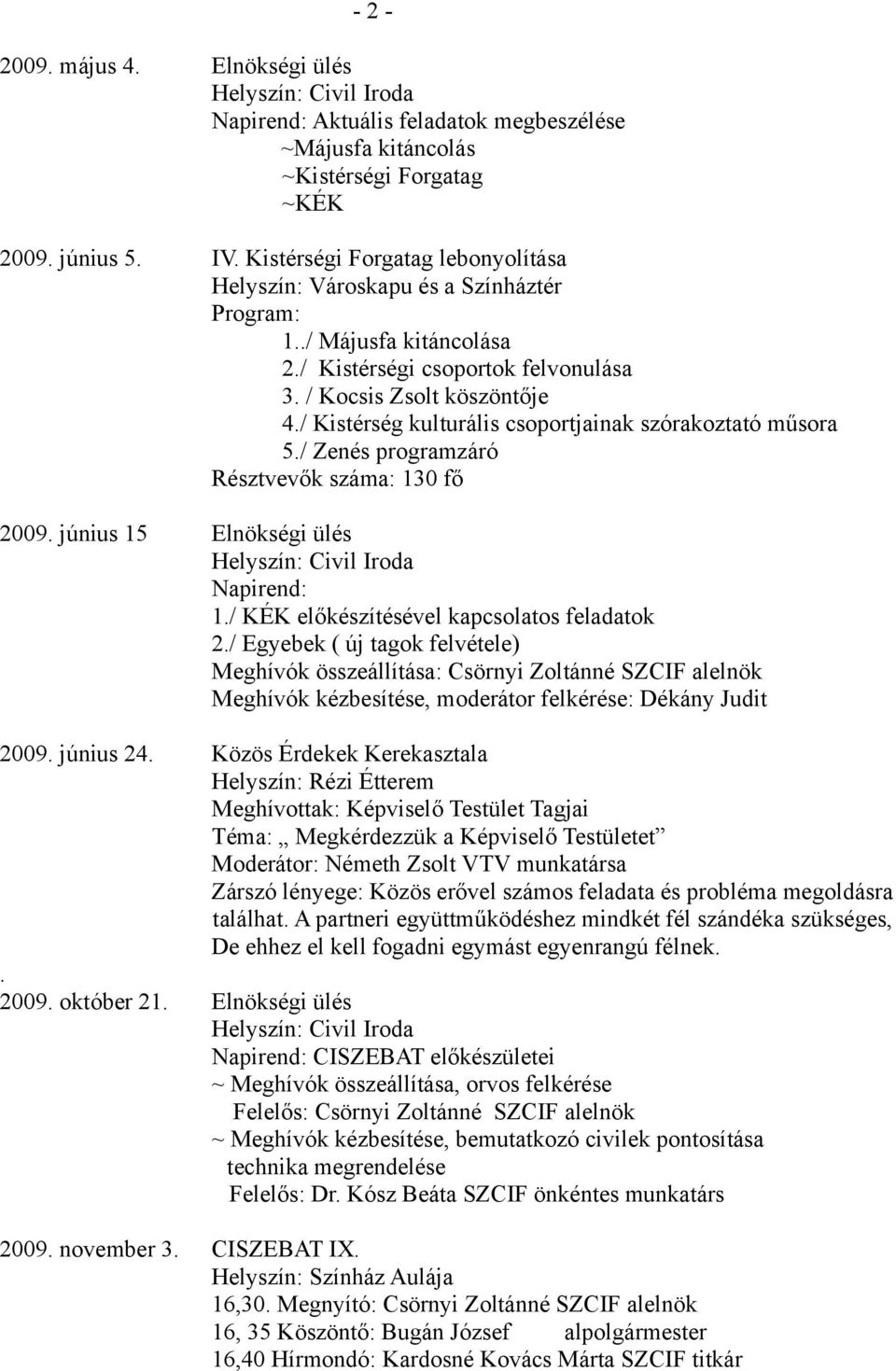 / Kistérség kulturális csoportjainak szórakoztató műsora 5./ Zenés programzáró Résztvevők száma: 130 fő 2009. június 15 Elnökségi ülés 1./ KÉK előkészítésével kapcsolatos feladatok 2.