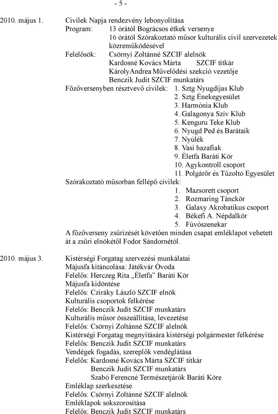 Kardosné Kovács Márta SZCIF titkár KárolyAndrea Művelődési szekció vezetője Benczik Judit SZCIF munkatárs Főzőversenyben résztvevő civilek: 1. Sztg Nyugdíjas Klub 2. Sztg Énekegyesület 3.