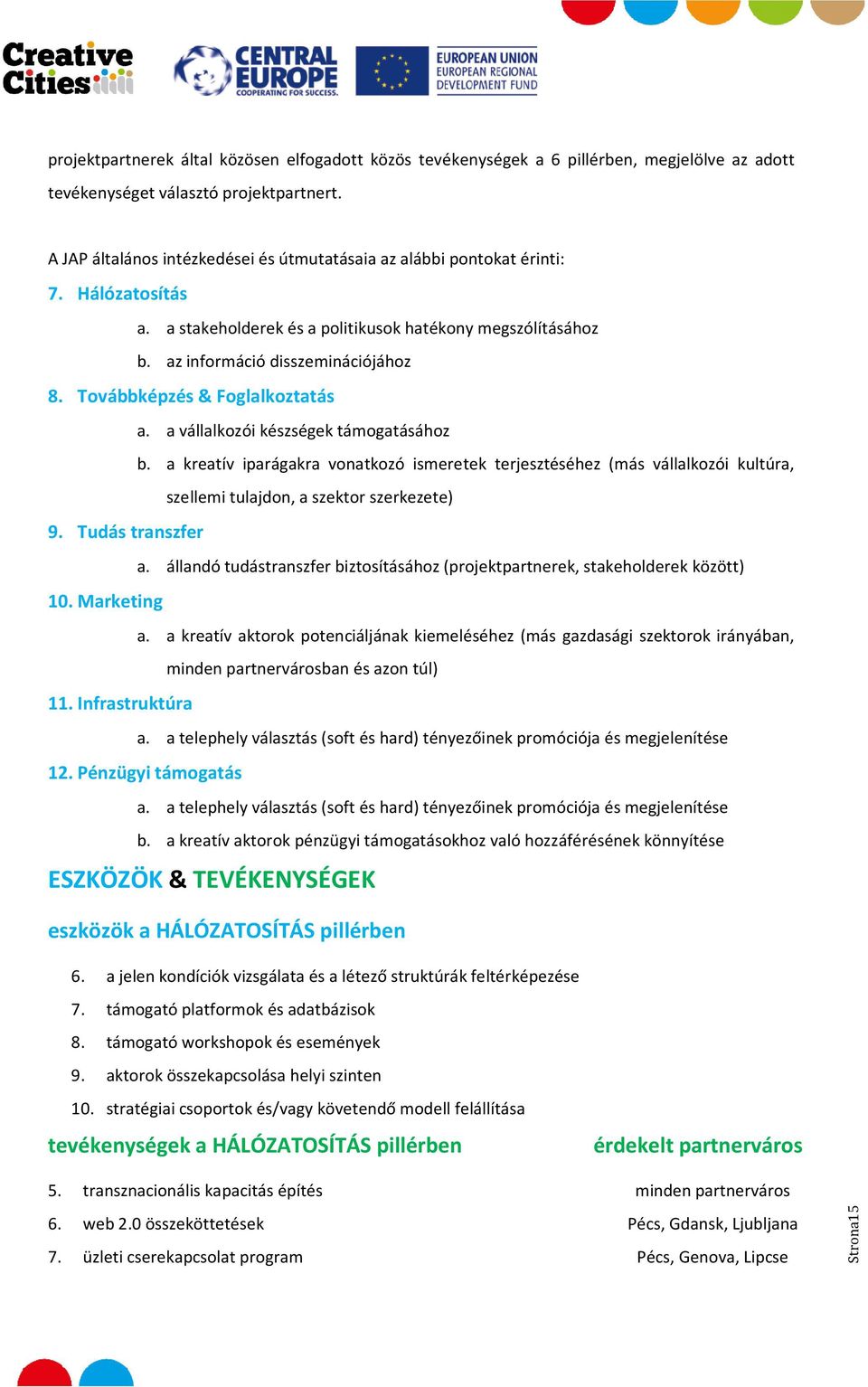 Továbbképzés & Foglalkoztatás a. a vállalkozói készségek támogatásához b. a kreatív iparágakra vonatkozó ismeretek terjesztéséhez (más vállalkozói kultúra, szellemi tulajdon, a szektor szerkezete) 9.