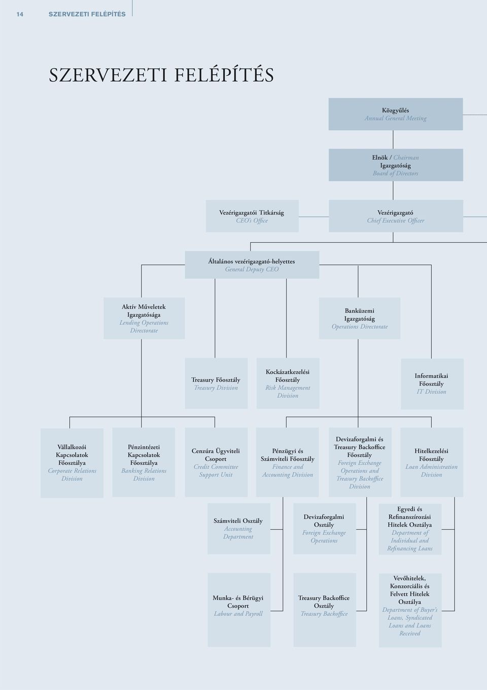 Division Kockázatkezelési Főosztály Risk Management Division Informatikai Főosztály IT Division Vállalkozói Kapcsolatok Főosztálya Corporate Relations Division Pénzintézeti Kapcsolatok Főosztálya