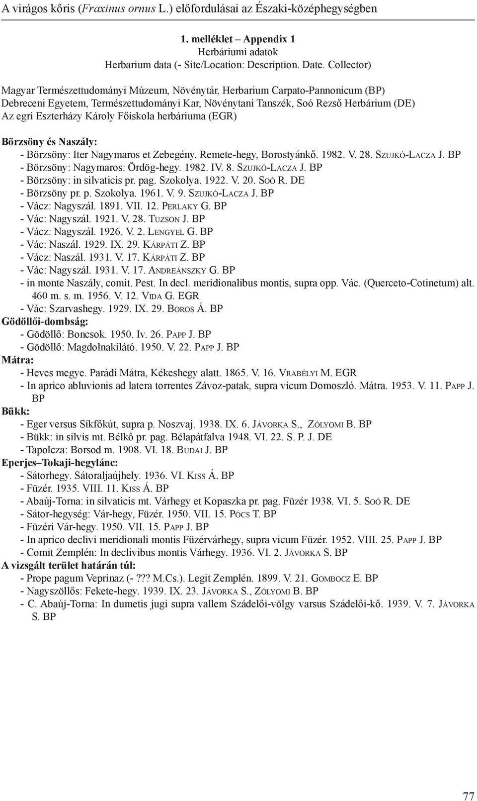 Károly Főiskola herbáriuma (EGR) Börzsöny és Naszály: - Börzsöny: Iter Nagymaros et Zebegény. Remete-hegy, Borostyánkő. 1982. V. 28. Sz u j k ó-la c z a J. BP - Börzsöny: Nagymaros: Ördög-hegy. 1982. IV.