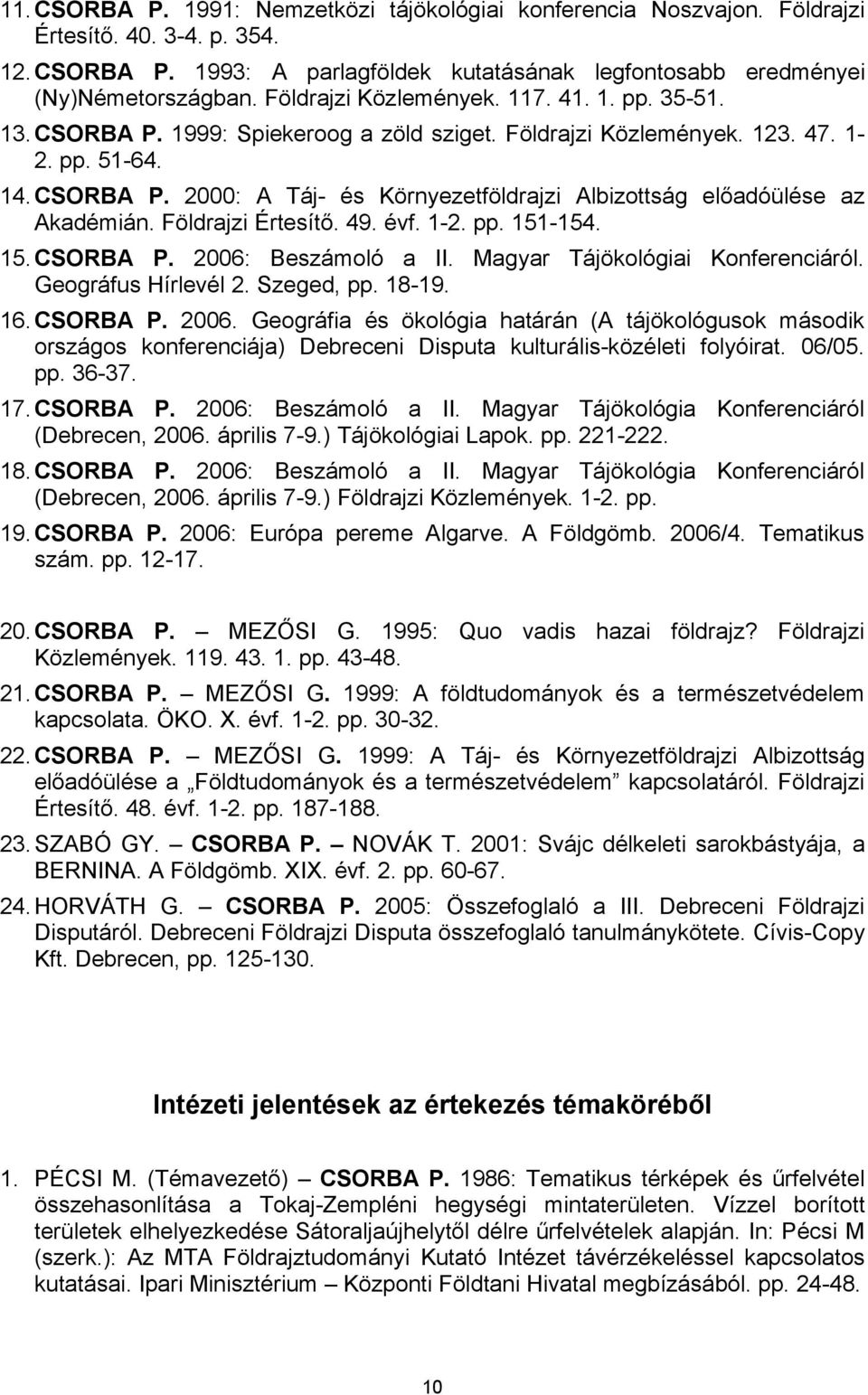 Földrajzi Értesítő. 49. évf. 1-2. pp. 151-154. 15.CSORBA P. 2006: Beszámoló a II. Magyar Tájökológiai Konferenciáról. Geográfus Hírlevél 2. Szeged, pp. 18-19. 16.CSORBA P. 2006. Geográfia és ökológia határán (A tájökológusok második országos konferenciája) Debreceni Disputa kulturális-közéleti folyóirat.