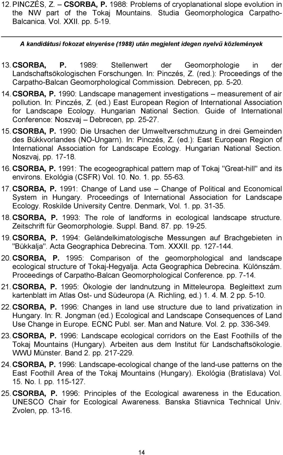 ): Proceedings of the Carpatho-Balcan Geomorphological Commission. Debrecen, pp. 5-20. 14.CSORBA, P. 1990: Landscape management investigations measurement of air pollution. In: Pinczés, Z. (ed.