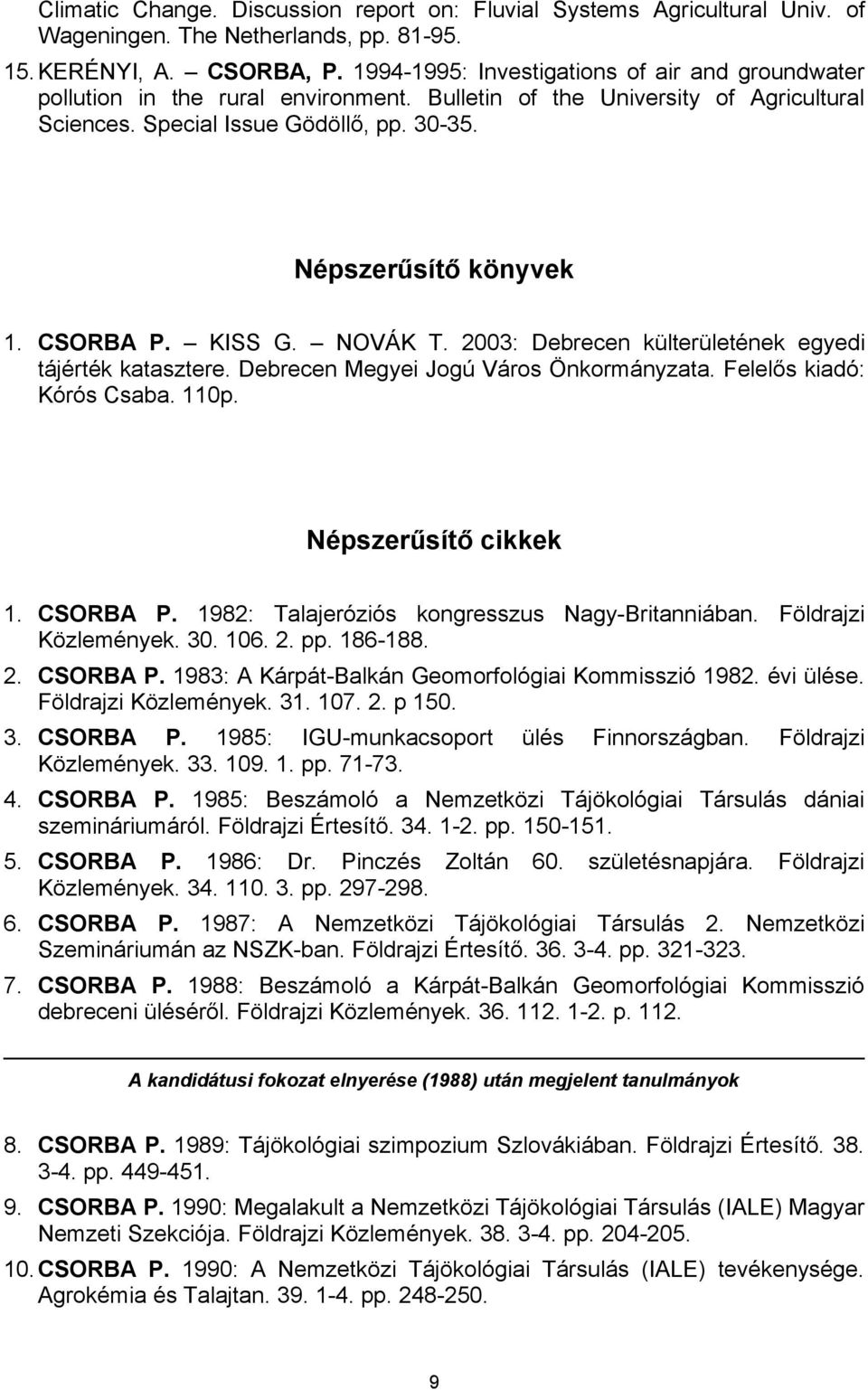 CSORBA P. KISS G. NOVÁK T. 2003: Debrecen külterületének egyedi tájérték katasztere. Debrecen Megyei Jogú Város Önkormányzata. Felelős kiadó: Kórós Csaba. 110p. Népszerűsítő cikkek 1. CSORBA P.