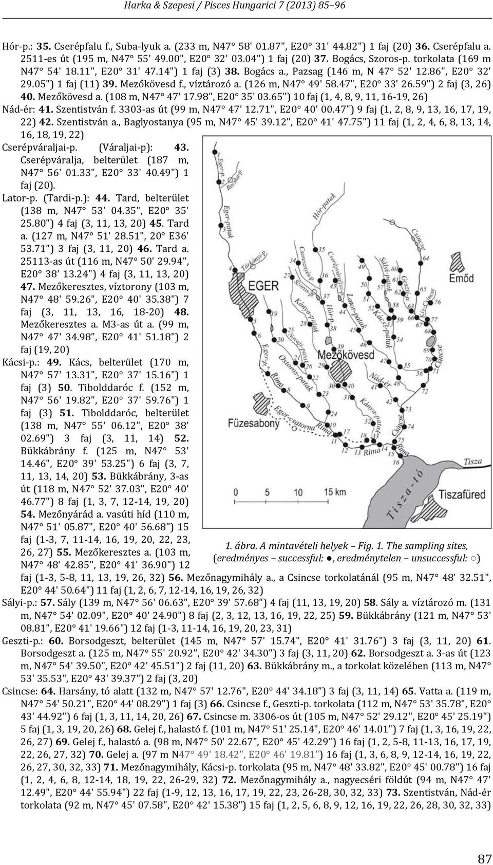 59") 2 faj (3, 26) 40. Mezőkövesd a. (108 m, N47 47' 17.98", E20 35' 03.65") 10 faj (1, 4, 8, 9, 11, 16 19, 26) Nád ér: 41. Szentistván f. 3303 as út (99 m, N47 47' 12.71", E20 40' 00.