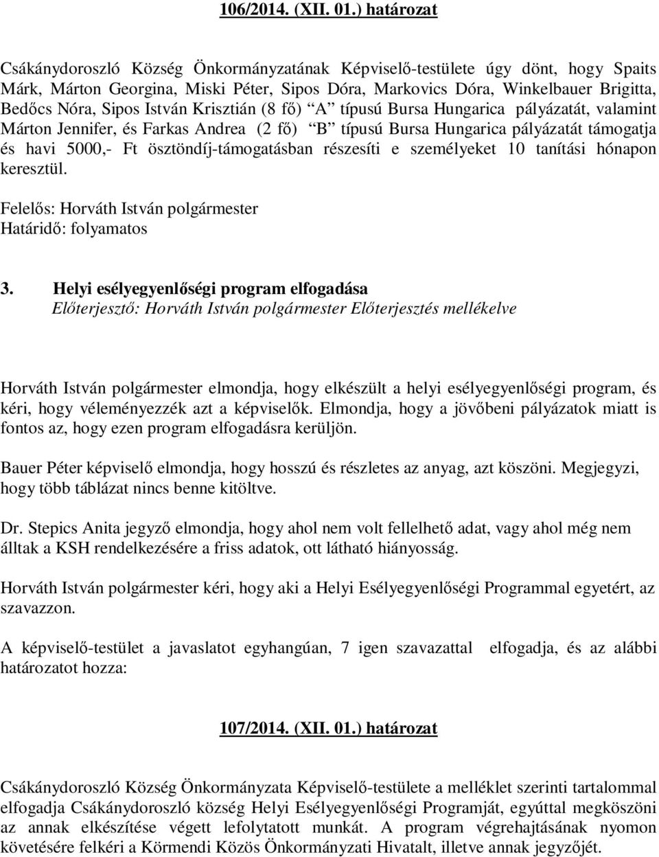 István Krisztián (8 fő) A típusú Bursa Hungarica pályázatát, valamint Márton Jennifer, és Farkas Andrea (2 fő) B típusú Bursa Hungarica pályázatát támogatja és havi 5000,- Ft ösztöndíj-támogatásban