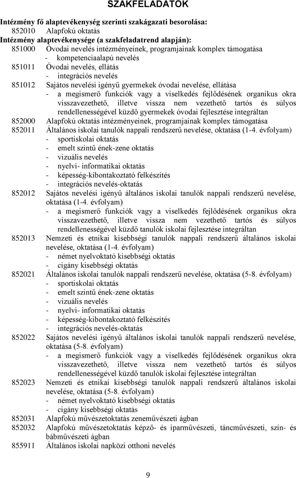 funkciók vagy a viselkedés fejlődésének organikus okra visszavezethető, illetve vissza nem vezethető tartós és súlyos rendellenességével küzdő gyermekek óvodai fejlesztése integráltan 852000 Alapfokú