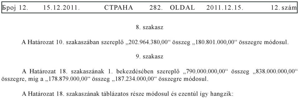 szakaszának 1. bekezdésében szereplő 790.000.000,00 összeg 838.000.000,00 összegre, míg a 178.879.