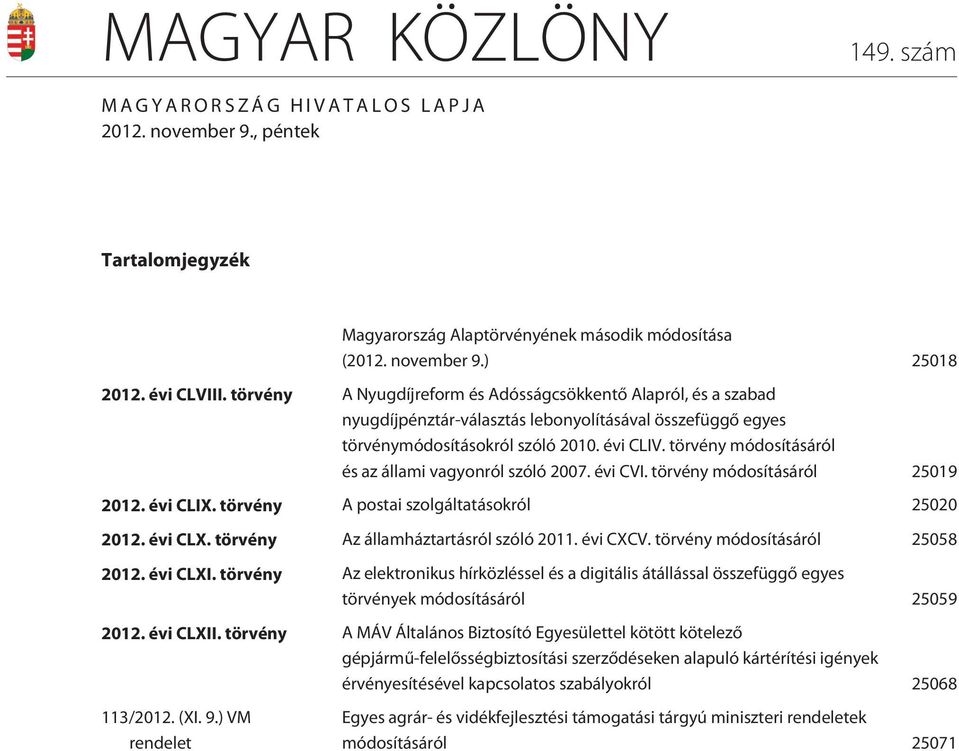 törvény módosításáról és az állami vagyonról szóló 2007. évi CVI. törvény módosításáról 25019 2012. évi CLIX. törvény A postai szolgáltatásokról 25020 2012. évi CLX.