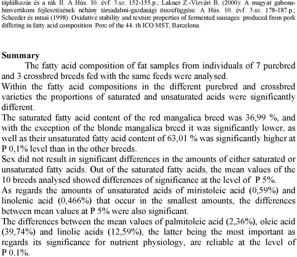 Summary The fatty acid composition of fat samples from individuals of 7 purebred and 3 crossbred breeds fed with the same feeds were analysed.