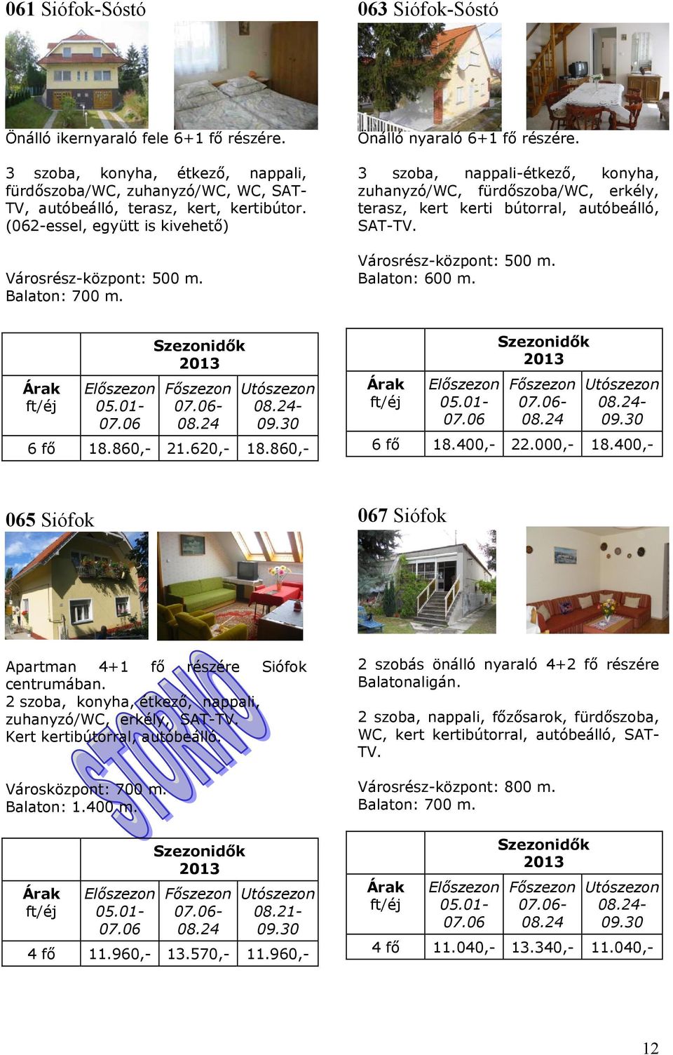 3 szoba, nappali-étkező, konyha, zuhanyzó/wc, fürdőszoba/wc, erkély, terasz, kert kerti bútorral, autóbeálló, SAT-TV. Városrész-központ: 500 m. Balaton: 600 m. - - 6 fő 18.860,- 21.620,- 18.