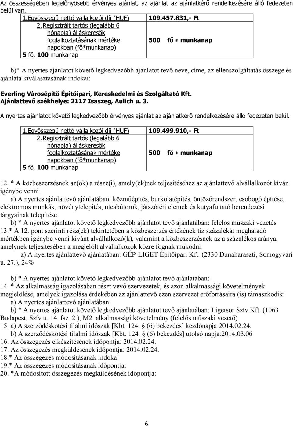 indokai: Everling Városépítő Építőipari, Kereskedelmi és Szolgáltató Kft. Ajánlattevő székhelye: 2117 Isaszeg, Aulich u. 3.