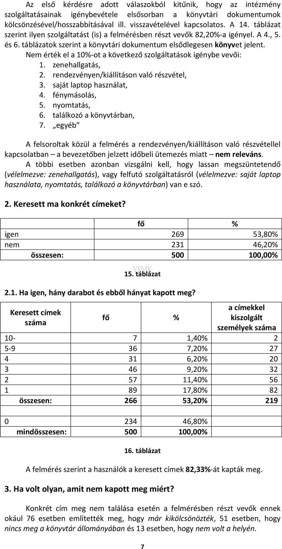 Nem érték el a 10%-ot a következő szolgáltatások igénybe vevői: 1. zenehallgatás, 2. rendezvényen/kiállításon való részvétel, 3. saját laptop használat, 4. fénymásolás, 5. nyomtatás, 6.