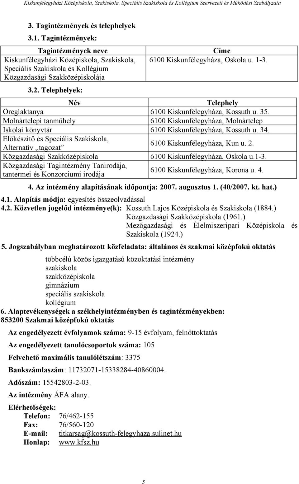 Molnártelepi tanműhely 6100 Kiskunfélegyháza, Molnártelep Iskolai könyvtár 6100 Kiskunfélegyháza, Kossuth u. 34. Előkészítő és Speciális Szakiskola, Alternatív tagozat 6100 Kiskunfélegyháza, Kun u. 2.