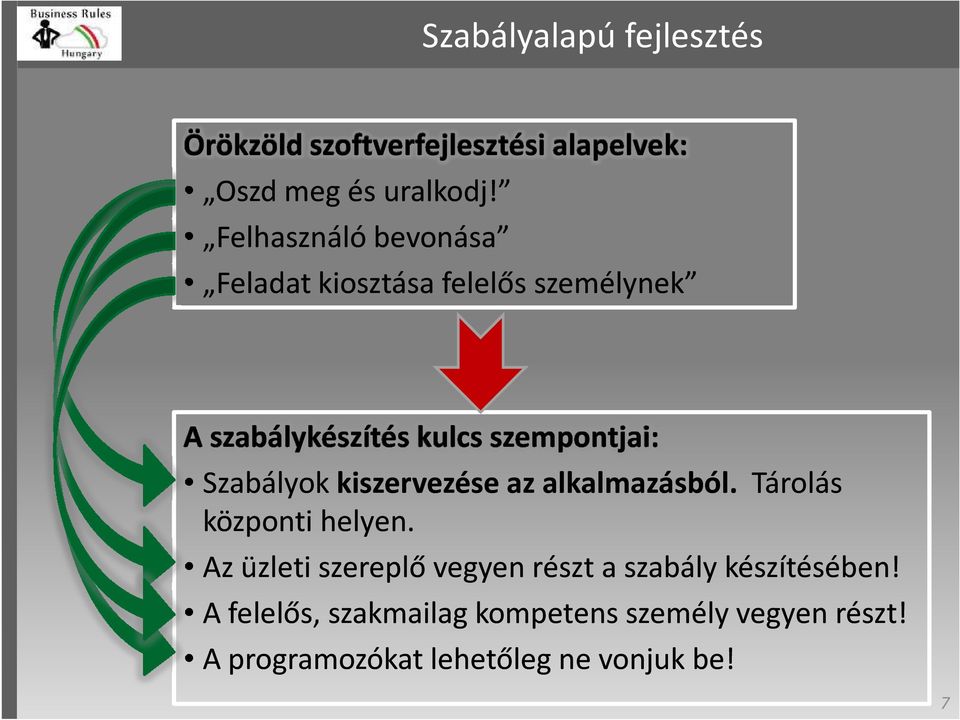 Szabályok kiszervezése az alkalmazásból. Tárolás központi helyen.