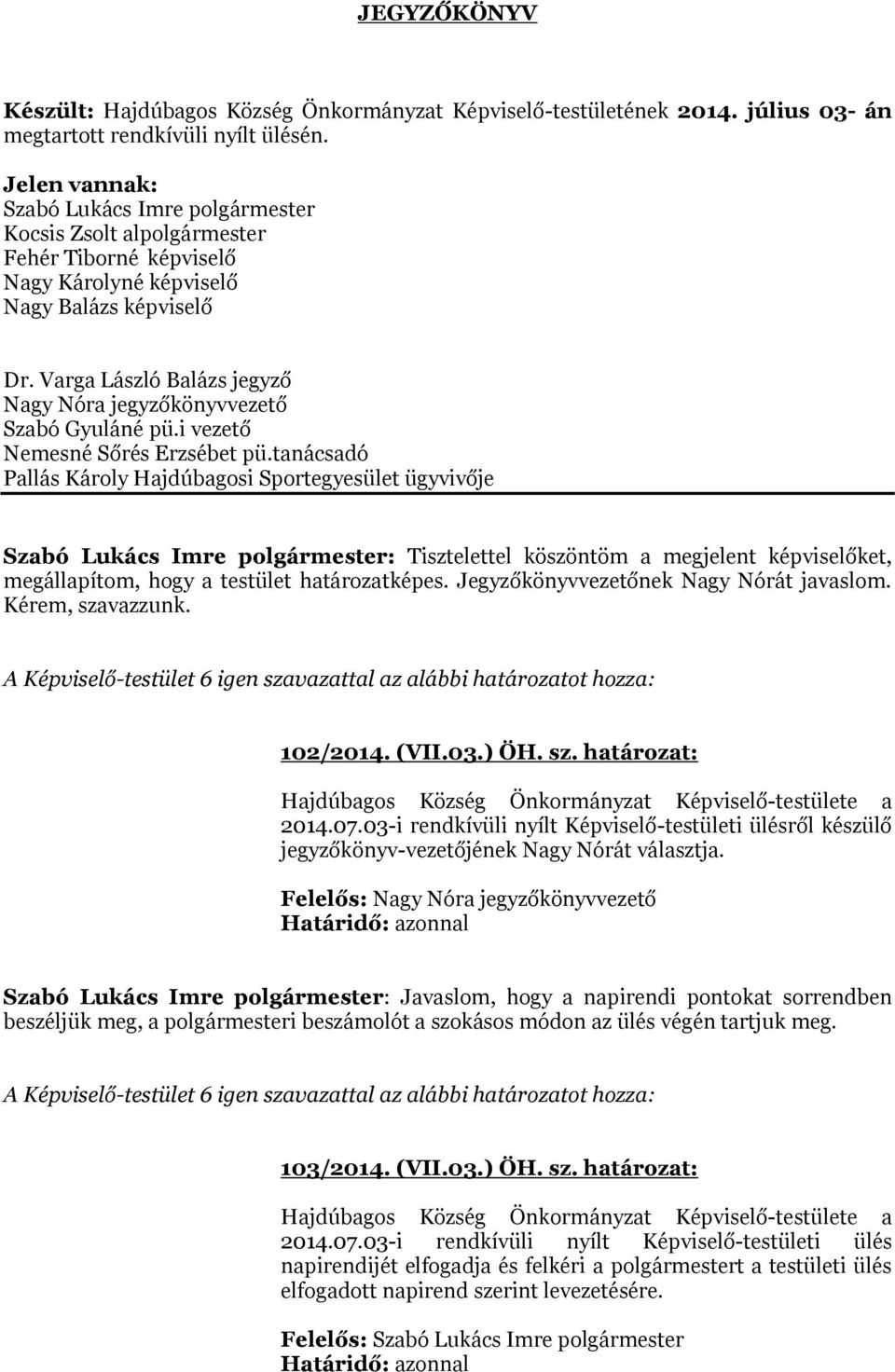 Varga László Balázs jegyző Nagy Nóra jegyzőkönyvvezető Szabó Gyuláné pü.i vezető Nemesné Sőrés Erzsébet pü.