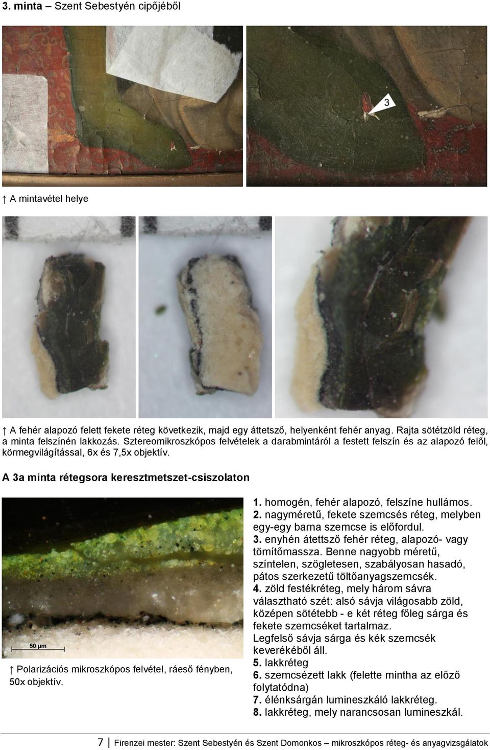A 3a minta rétegsora keresztmetszet-csiszolaton Polarizációs mikroszkópos felvétel, ráeső fényben, 50x objektív. 1. homogén, fehér alapozó, felszíne hullámos. 2.