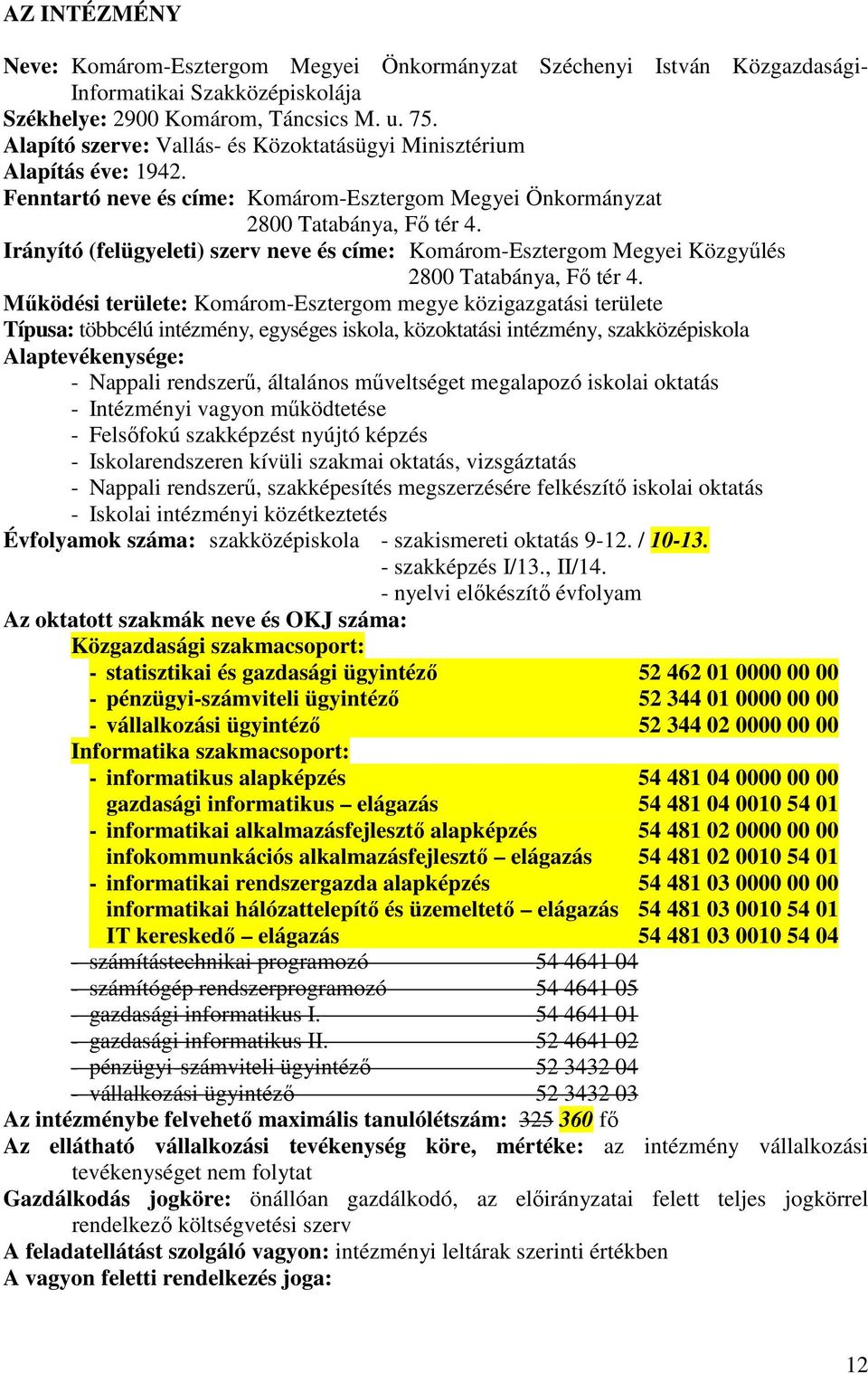 Fenntartó neve és címe: Komárom-Esztergom Megyei Önkormányzat Irányító (felügyeleti) szerv neve és címe: Komárom-Esztergom Megyei Közgyőlés Mőködési területe: Komárom-Esztergom megye közigazgatási