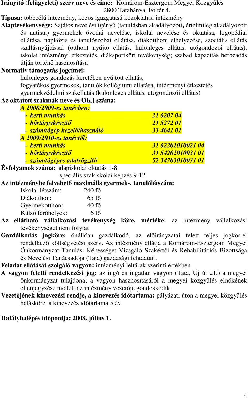 ellátás szállásnyújtással (otthont nyújtó ellátás, különleges ellátás, utógondozói ellátás), iskolai intézményi étkeztetés, diáksportköri tevékenység; szabad kapacitás bérbeadás útján történı