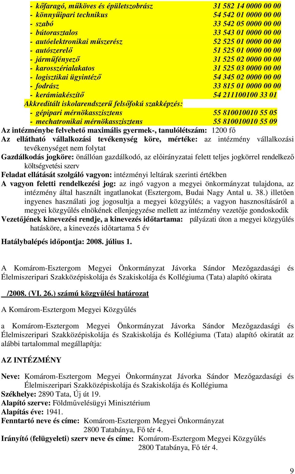 0000 00 00 - kerámiakészítı 54 211100100 33 01 Akkreditált iskolarendszerő felsıfokú szakképzés: - gépipari mérnökasszisztens 55 810010010 55 05 - mechatronikai mérnökasszisztens 55 810010010 55 09