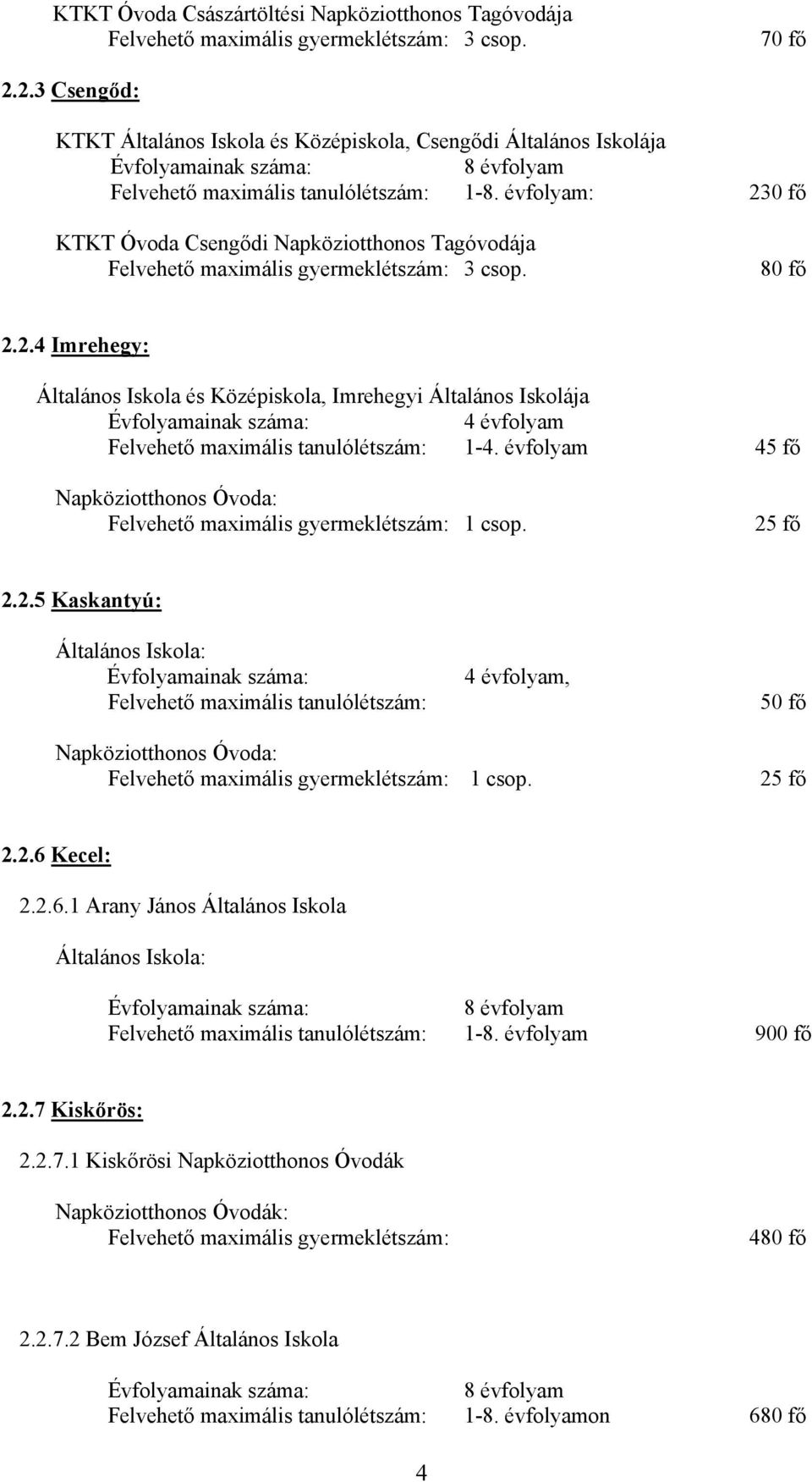 évfolyam: 230 fő KTKT Óvoda Csengődi Napköziotthonos Tagóvodája Felvehető maximális gyermeklétszám: 3 csop. 80 fő 2.2.4 Imrehegy: Általános Iskola és Középiskola, Imrehegyi Általános Iskolája 4 évfolyam Felvehető maximális tanulólétszám: 1-4.