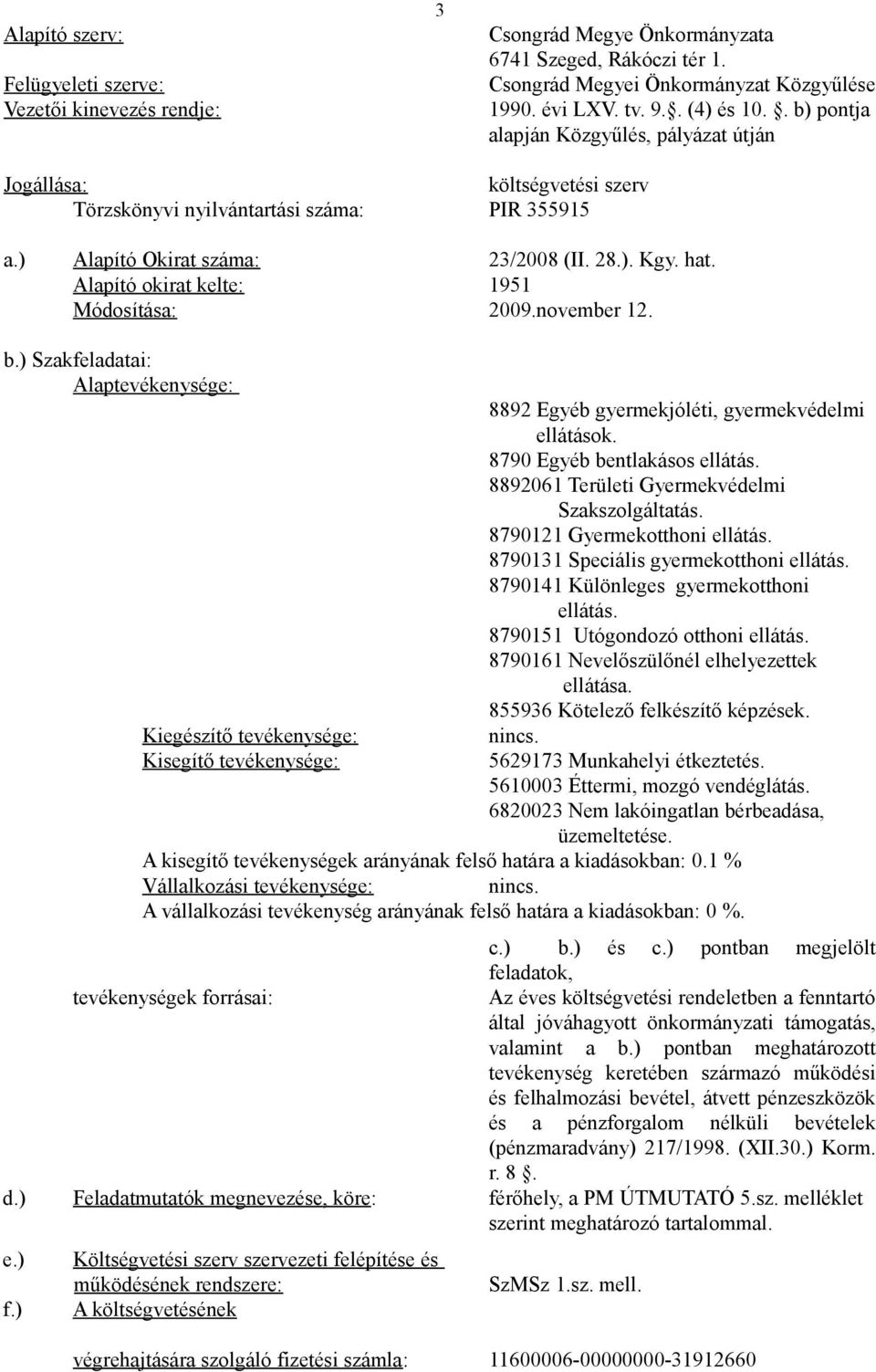 Alapító okirat kelte: 1951 Módosítása: 2009.november 12. b.) Szakfeladatai: Alaptevékenysége: Kiegészítő tevékenysége: Kisegítő tevékenysége: 8892 Egyéb gyermekjóléti, gyermekvédelmi ellátások.