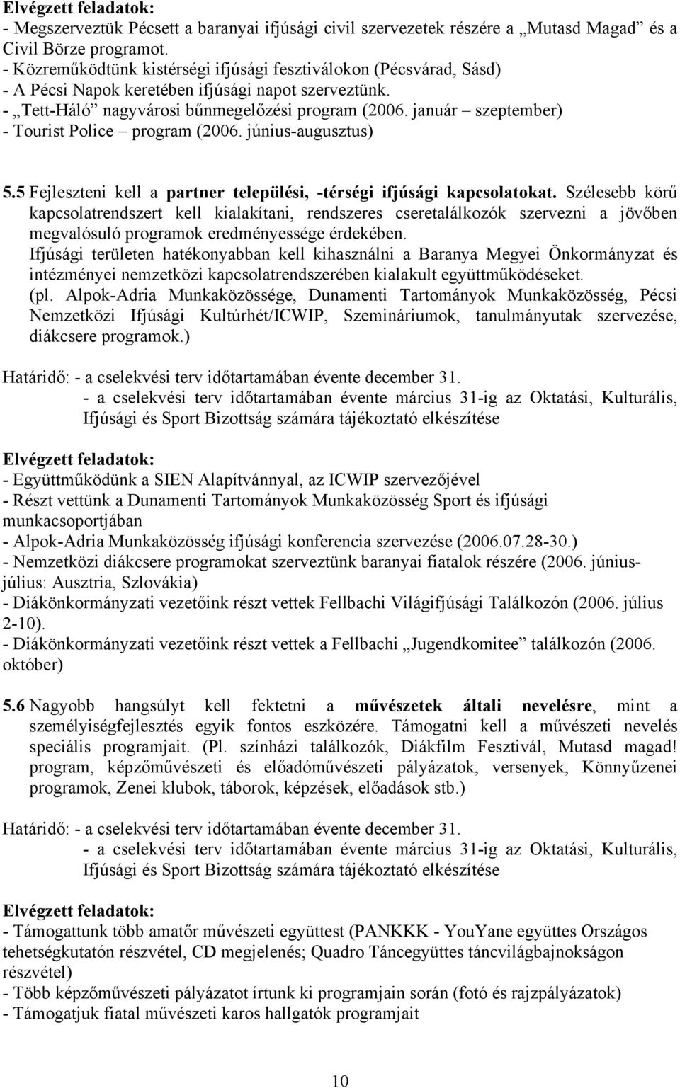 január szeptember) - Tourist Police program (2006. június-augusztus) 5.5 Fejleszteni kell a partner települési, -térségi ifjúsági kapcsolatokat.