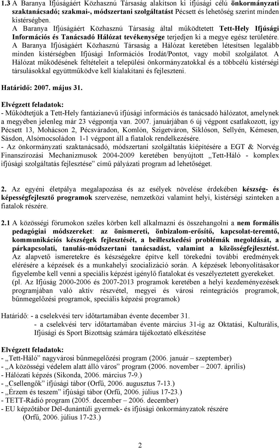 A Baranya Ifjúságáért Közhasznú Társaság a Hálózat keretében létesítsen legalább minden kistérségben Ifjúsági Információs Irodát/Pontot, vagy mobil szolgálatot.