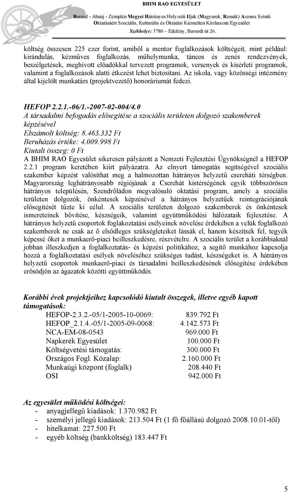 Az iskola, vagy közösségi intézmény által kijelölt munkatárs (projektvezető) honoráriumát fedezi. HEFOP 2.2.1.-06/1.-2007-02-004/4.