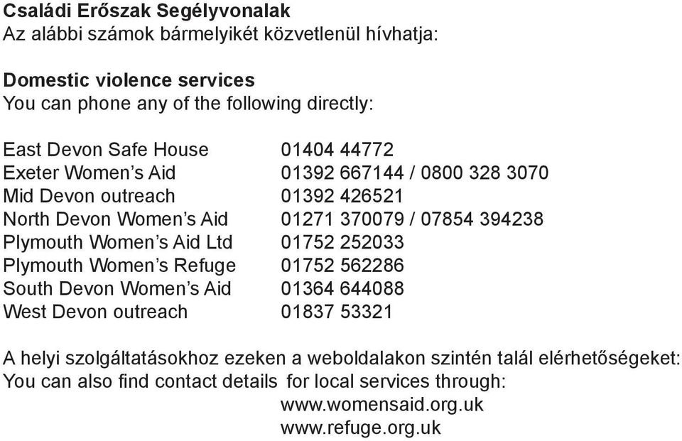 Plymouth Women s Aid Ltd 01752 252033 Plymouth Women s Refuge 01752 562286 South Devon Women s Aid 01364 644088 West Devon outreach 01837 53321 A helyi