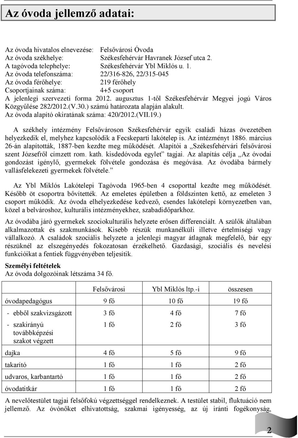 augusztus 1-től Székesfehérvár Megyei jogú Város Közgyűlése 282/2012.(V.30.) számú határozata alapján alakult. Az óvoda alapító okiratának száma: 420/2012.(VII.19.