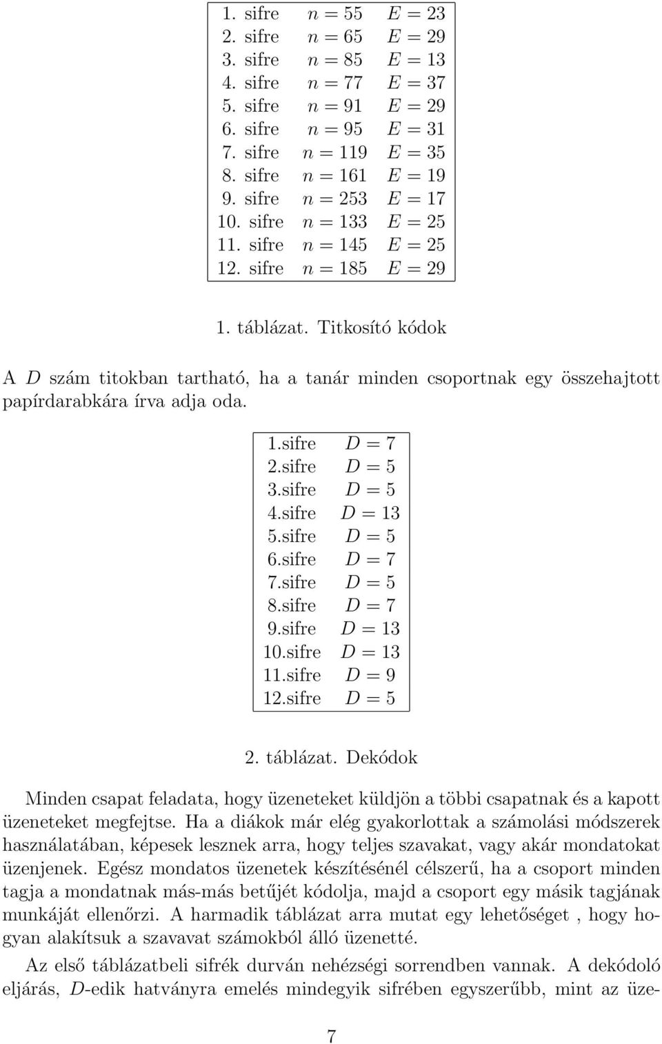 1.sifre D =7 2.sifre D =5 3.sifre D =5 4.sifre D =13 5.sifre D =5 6.sifre D =7 7.sifre D =5 8.sifre D =7 9.sifre D =13 10.sifre D =13 11.sifre D =9 12.sifre D =5 2. táblázat.