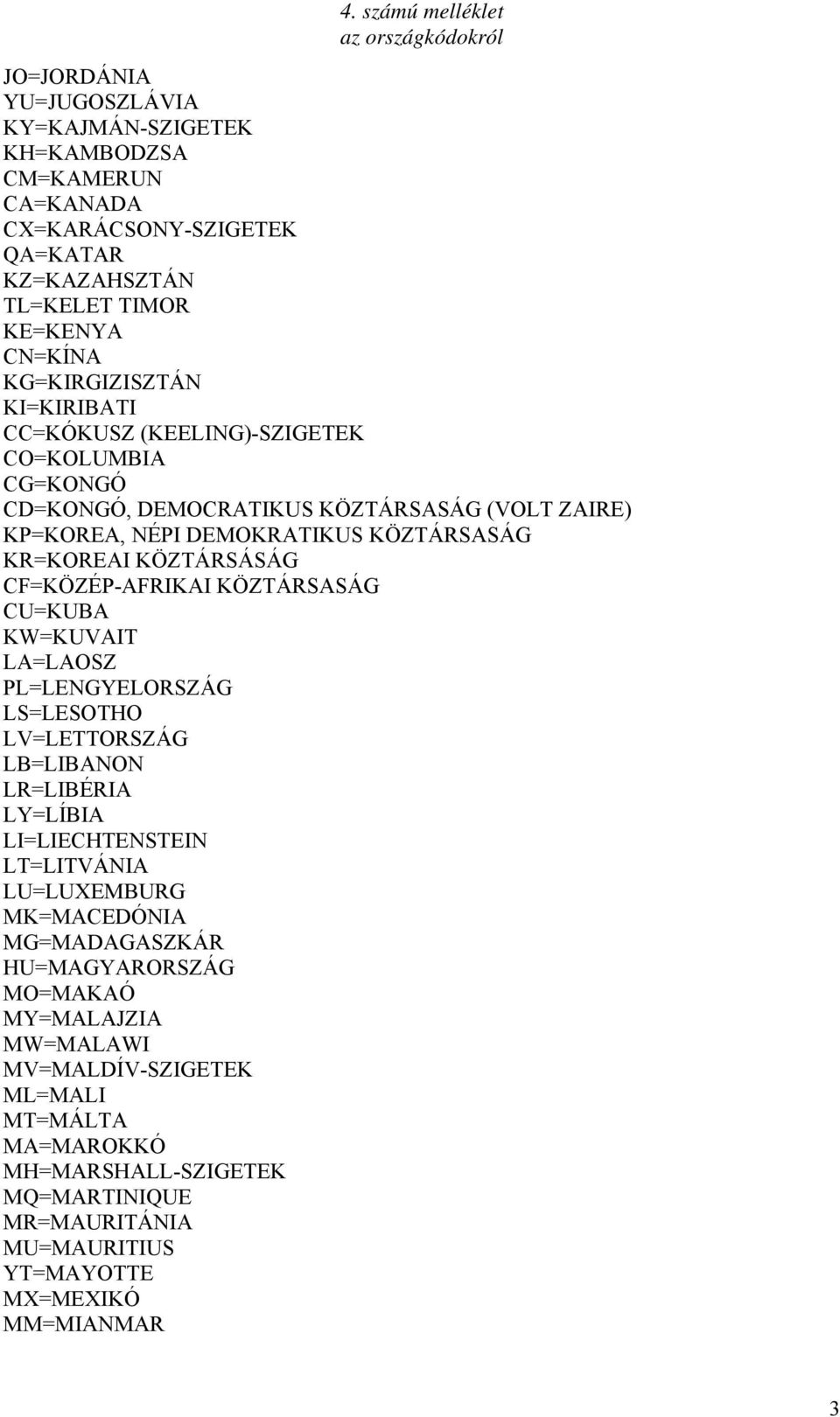 CF=KÖZÉP-AFRIKAI KÖZTÁRSASÁG CU=KUBA KW=KUVAIT LA=LAOSZ PL=LENGYELORSZÁG LS=LESOTHO LV=LETTORSZÁG LB=LIBANON LR=LIBÉRIA LY=LÍBIA LI=LIECHTENSTEIN LT=LITVÁNIA LU=LUXEMBURG MK=MACEDÓNIA