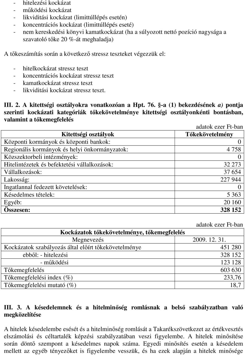 kamatkockázat stressz teszt - likviditási kockázat stressz teszt. III. 2. A kitettségi osztályokra vonatkozóan a Hpt. 76.