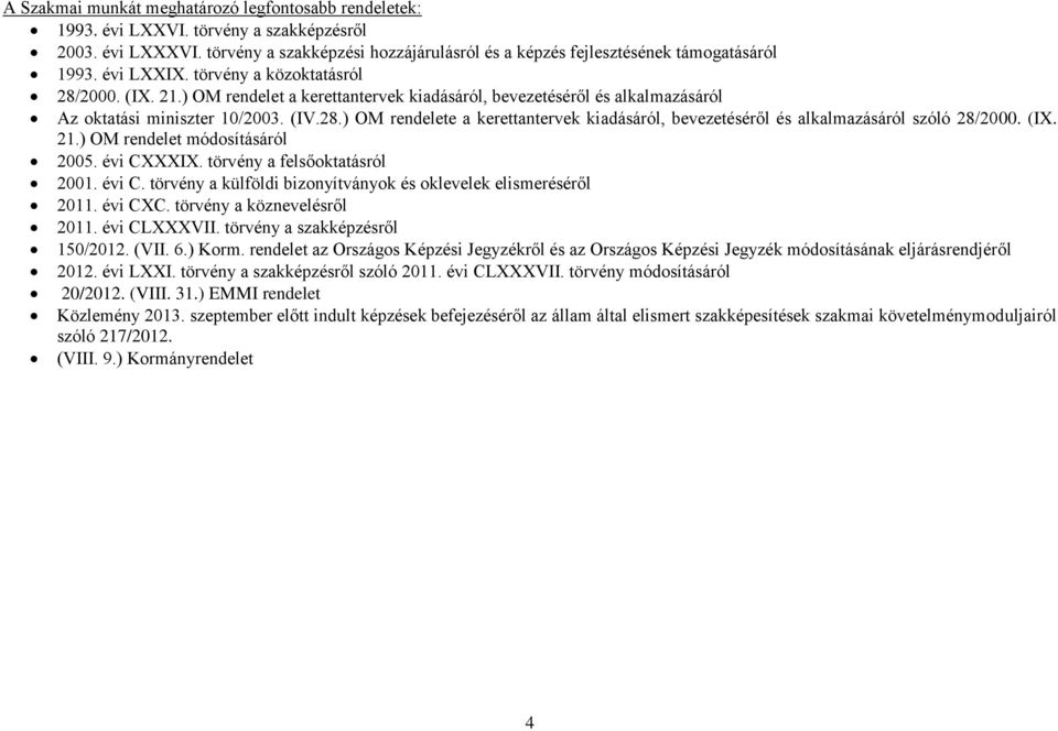 (IX. 21.) OM rendelet módosításáról 2005. évi CXXXIX. törvény a felsőoktatásról 2001. évi C. törvény a külföldi bizonyítványok és oklevelek elismeréséről 2011. évi CXC. törvény a köznevelésről 2011.