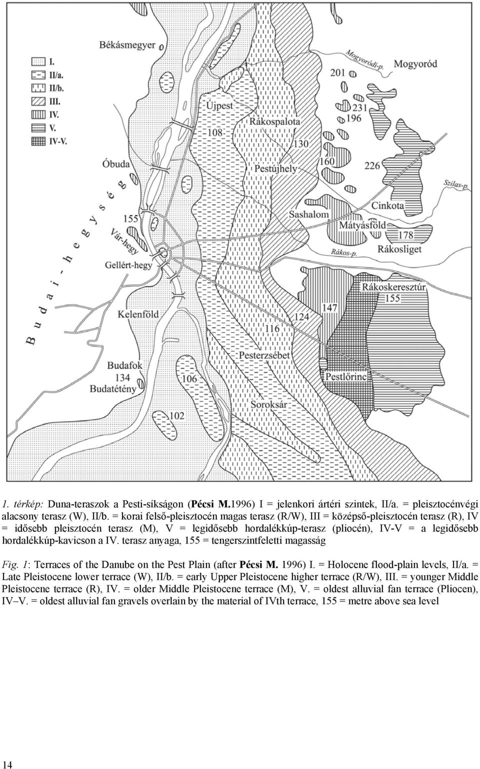 hordalékkúp-kavicson a IV. terasz anyaga, 155 = tengerszintfeletti magasság Fig. 1: Terraces of the Danube on the Pest Plain (after Pécsi M. 1996) I. = Holocene flood-plain levels, II/a.